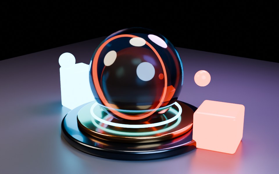 Blender studio render of a smoked glass sphere on a metal pedestal, lit by blue and coral rings